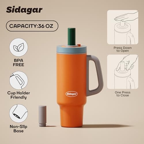 Sidagar Tumbler with Handle,36 oz Ceramic Lined Travel Mug Water Bottle with Straw,Vacuum Insulated Stainless Steel Cup with Lid,Fits Cup Holder, Leak Resistant Press-in Lid,Orange - Thumbnail 2