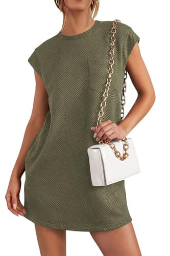 PRETTYGARDEN Women's Summer Short T Shirt Dress Cap Sleeve Crew Neck Casual Loose Basic Mini Dresses (Army Green,X-Large) - Image 1