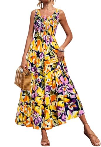 PRETTYGARDEN Floral Summer Dresses for Women 2026 Elegant Classy High Waisted Maxi Dress Sleeveless Smocked Tank Dresses (Navy Yellow Purple Flower, Medium) - Image 1