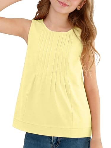 XMWEALTHY Girls Tops Cute Cummer Tank Tops Fashion Round Neck Peplum Tee Blouse 2026 Casual Pleated Tween Girl Shirts Yellow 5-6T - Image 1