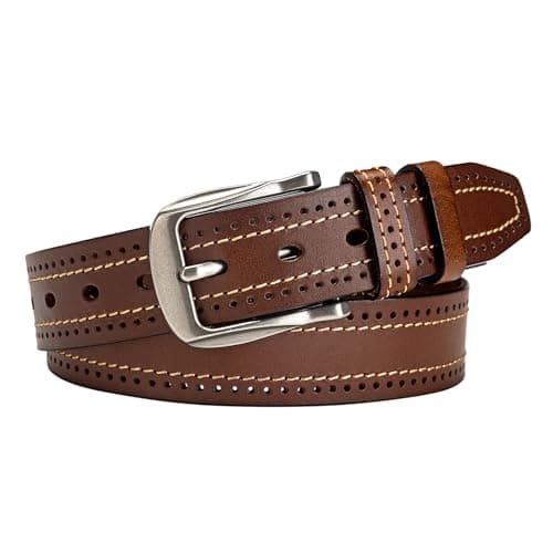 Rollslatte Full Grain Leather Men’s Belt Business, 1.5" Vintage Western Cowboy Belt with Silver Buckle, Khaki Genuine One-Piece Leather Belts for Jeans and Casual Size 38 - Thumbnail 2