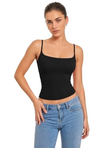 Women Sexy Square Neck Tank Top Summer Y2K Going Out Top Woman Casual Double Line Sleevess Basic Tanks Spaghetti Strap Camisole Shirts (Black,XL)