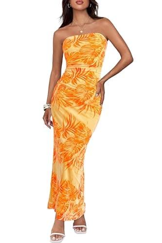 BTFBM Women Summer Strapless Maxi Dress 2026 Bodycon Floral Long Wedding Guest Dress Formal Tube Mesh Cocktail Dresses(Leaves Yellow, Medium) - Image 1