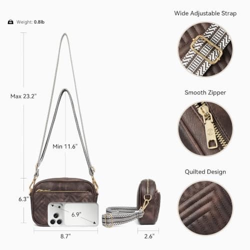 BOSTANTEN Quilted Crossbody Bags for Women Vegan Leather Purses Small Shoulder Handbags with Wide Strap Coffee - Thumbnail 5