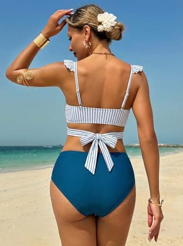 ZAFUL Swim Suit for Women 2025 Tummy Control High Waisted Bikini Sets with Bikini Bottom Stylish Cutout 2 Piece Push Up Bathing Suit Blue Striped M - Thumbnail 2