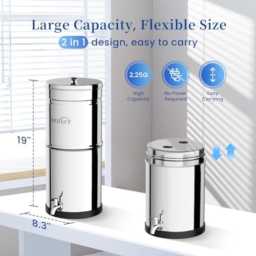 OEMIRY Gravity Water Filter System, 2.25G Stainless Steel Countertop System Water Purifier with Stand, Reduce 99% Chlorine for Home Camping Backpacking RVing, 2 Carbon and 2 Fluoride Filters - Thumbnail 6