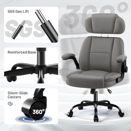 AreShark Ergonomic Office Chair with Lumbar Support, 400lbs Heavy Duty Big and Tall Executive Desk Chair, PU Leather High Back Computer Chair with Flip-Up Arms & Adjustable Headrest, Gray - Thumbnail 6