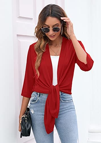 Heymoments Cardigan for Women Crimson Large Draped Open-Front 3/4 Sleeve Lightweight Casual Soft Drape Summer Fall Kimonos Cardigans - Thumbnail 4