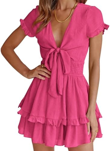 PRETTYGARDEN Women Summer Short Dress 2025 Casual V Neck Short Sleeve Tiered Bow Mini Sun Dresses Beach Vacation Sundress (Rose Red,Medium) - Image 1