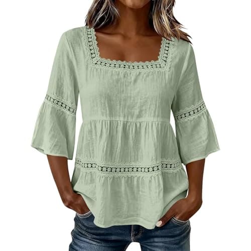 Tummy Hiding Outfits for Women,Cotton Linen Tops 3/4 Sleeve Square Neck Gauze Shirts Loose Fit, for Summer Casual Beach Vacation Green S - Image 1