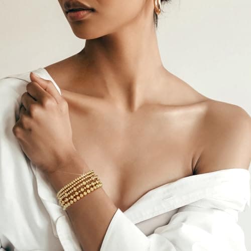 adoyi Gold Bracelets for Women, 14K Gold Plated Beaded Stretch Bracelet Strand Bead Ball Bracelets stack Set Trendy Adjustable Non Tarnish Jewelry Sets for Womens Gifts - Thumbnail 6