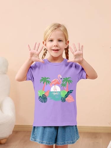 Funnycokid Little Girls Shirt Size 6 7 Kids Pink Tee Hawaiian Flamingo Animal T-Shirt Graphic Short Sleeve Clothes Tops - Thumbnail 2