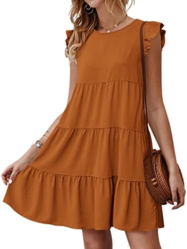 KIRUNDO Dresses for Women 2026 Summer Sleeveless Ruffle Sleeve Round Neck Loose Short Flowy Pleated Mini Dress Sundress(Brown, Large) - Image 1