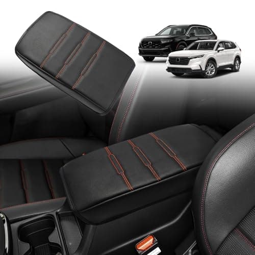 Muslogy Center Console Armrest Cover Fit for Honda CR-V & CRV Hybrid 2023-2026 2026 Accessories, Comfort Armrest Pad Console Lid Cushion Vegan Leather Regular Thick(Black/Orange Trim)