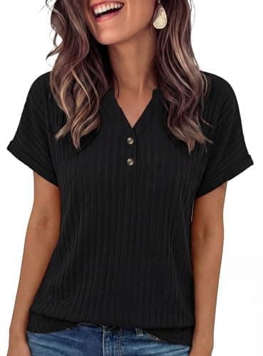 Pleneal Womens Summer Tops 2026 Spring Henley Tops V Neck Button Casual Dressy Summer Blouses Sweater Trendy Cute Tunic Tee XXL Black - Image 1