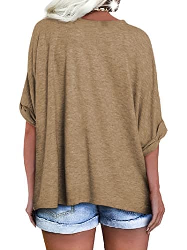 Langwyqu Women's Oversized T Shirts V Neck Short Sleeve Summer Casual Loose Tops Tees Khaki - Thumbnail 2
