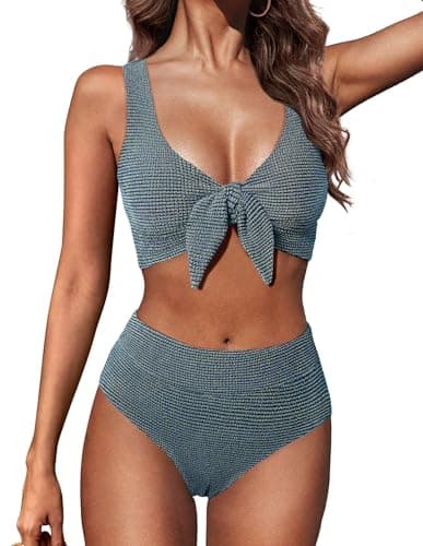 Hanna Nikole Plus Size Womens High Waisted Bikini Sets 2 Piece Swimsuit Tummy Control Bathing Suits Modest Textured Tie Knot Swimwear Gray Blue - Image 1