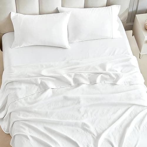 Tokokimo Washed Cotton-Linen Feel 4-Piece Twin Size Sheet Set for Busy Lifestyles – 10-16" Deep Pocket Bed Sheets with Natural Wrinkles, Quick-Dry, Breathable, Soft White - Thumbnail 4
