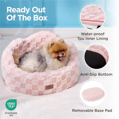 Joydeco Cloud Dog Bed for Small Dogs & Cats, Washable Pet Bed with Orthopedic Foam and Removable Checkered Plush Pad, Non-Slip Bottom for Indoor Puppies and Kittens, 22x20 Inch, Pink - Thumbnail 4