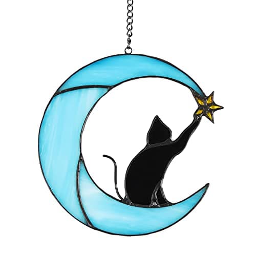 Zedesey Stained Glass Cat on Moon Pick Star Window Hanging Suncatchers Memorial Gift Decor for Women (Black Cat on Blue Moon) - Image 1