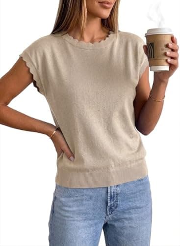 Jenisso Women Summer Sweater Cap Sleeve Lightweight Pullover Soft Knit Top with Scallop Wavy(Beige,XL) - Thumbnail 3
