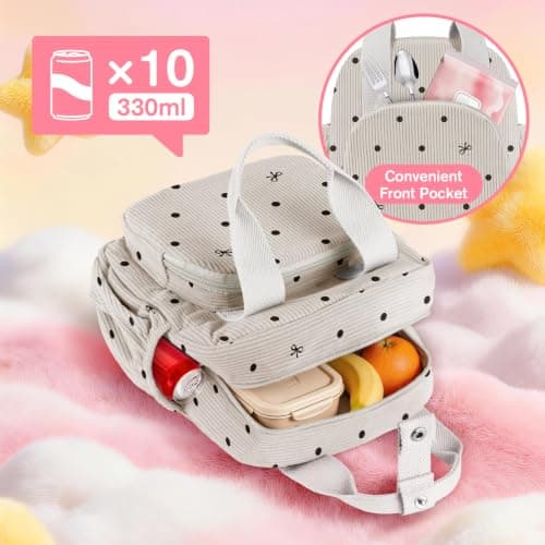 Easozoom Insulated Corduroy Lunch Bag for Teen Girl Kid Women, Large Lunch Box, Reusable Portable Leakproof Lunchbox for School Travel Office Picnic (Polka Dot&Bow White) - Thumbnail 4