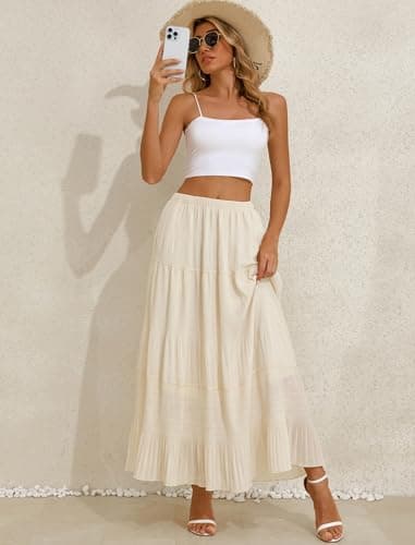 Arolina Women's Maxi Skirts Summer 2026 Elastic High Waist Boho Long Skirt Flowy Tiered A-Line Pleated Ruffle Casual Beach Beige - Thumbnail 4