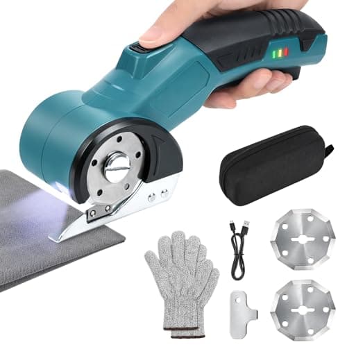 Qidejoy Cordless Cardboard Cutter Electric Scissors, Heavy Duty High-speed Rotary Box Cutter Tools for Fabric, Carpet, Paper, with 2 Blades & Gloves, 4.2V Rechargeable Battery, LED Light, Blue