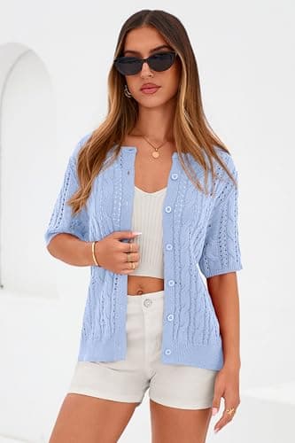 MASCOMODA Women Summer Cable Knit Crochet Cardigan Sweaters Casual Button Short Sleeve Sweater Cute Beach Hollow Out Knit Top(Light Blue,Large) - Thumbnail 3