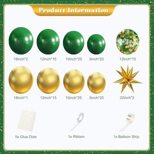 Green and Gold Balloon Garland Arch Kit, 140Pcs Emerald Green Gold Confetti Balloons With Stars for Birthday Wedding Birdal Shower Christmas Graduation Party Decorations - Thumbnail 4