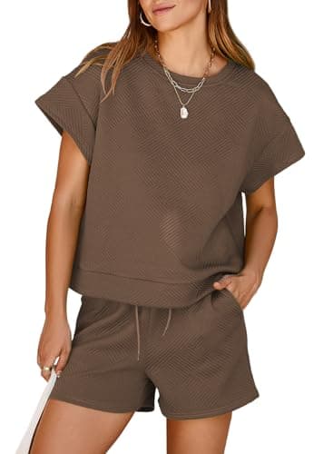 Dokotoo Lounge Sets for Women Comfy Summer Two Piece Set Crewneck Short Workout Track Suits Womens Fall Fashion Cruise Outfits for Women 2025 Teen Girls Pajamas Shorts Brown Medium - Image 1