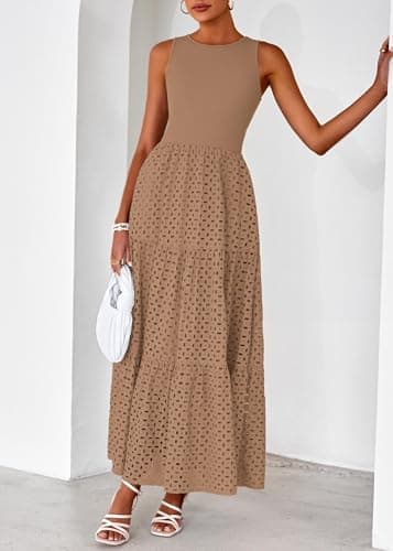 Lazysmile Womens Summer Dresses Crewneck Sleeveless A-Line Hollow Out Eyelet Tiered Tank Maxi Dress Sundress with Pockets Khaki - Thumbnail 6