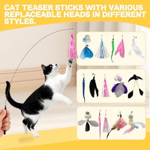 Autyomo Interactive Cat Toy for Indoor Cats - Cat Wand & Track Ball, 15 Replacement Heads, 2 Wooden Balls & 1 Bell Ball, Anti-Slip Base, Easy Assembly Cat Teaser for Kittens & Adult Cats - Thumbnail 5