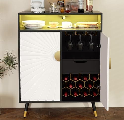 EOYUTLLY Wine Bar Cabinet with Power Outlet & LED Light, Coffee Bar Cabinet with Wine Rack & Glass Holder, Modern Liquor Cabinet with Drawer for Home Bar, Black & White