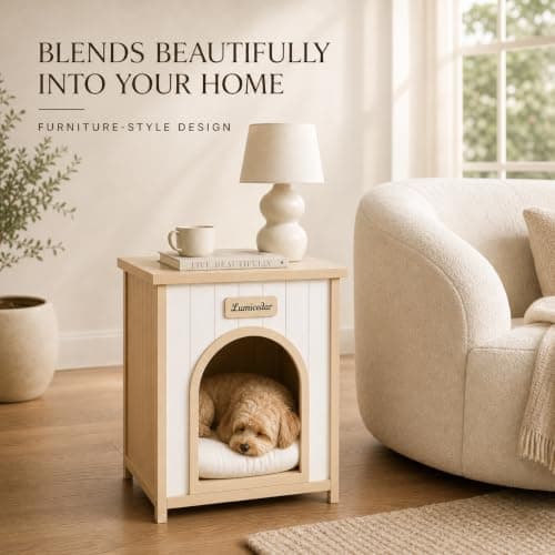 Lumicedar Indoor Dog House for Small Dogs, Solid Cedar Wood Dog House Indoor, Flat-Top Wooden Dog House, Arched Door & Soft Dog Bed, Dog House for Dogs & Cats (Natural, 20.3" D x 20.9" W x 23.6" H) - Thumbnail 4