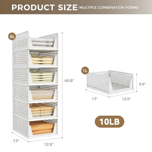 Pinkpum 6 Pack Closet Organizers Storage Bins, Stackable Plastic Drawer Basket for Clothing, Stackable Storage Bins Shelf Storage Container for Closet Wardrobe Bedroom Bathroom Office White - Thumbnail 2