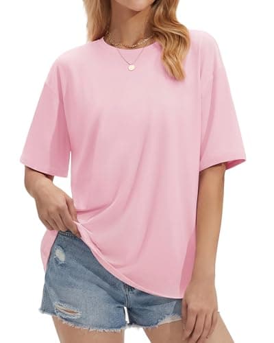 Stelle Women Crew Neck Short Sleeve T Shirts Oversized Summer Tops Loose Fit Soft Basic Tee Shirt Pink X-Small - Thumbnail 2