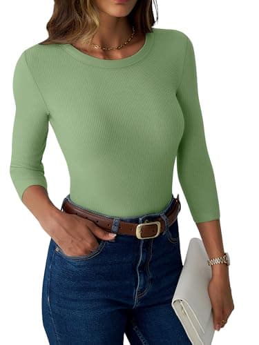 GKBK Womens 3/4 Sleeve Ribbed Tops Fitted Stretch Casual Crewneck Basic Tee Shirts Tight Layering 2025 Fall Fashion Outfits Light Green - Thumbnail 3