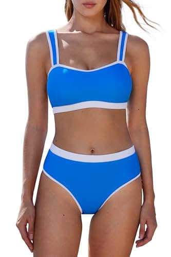 MOOSLOVER Women Bandeau High Waisted Bikini Sets Cheeky High Cut Swimsuit 2 Piece Bathing Suits (S,Blue) - Image 1