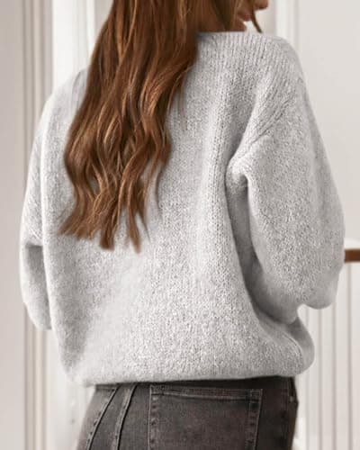 KIRUNDO Women’s Cardigans Casual Loose Button Up Long Sleeve Crewneck Knit Cardigan Sweaters Open Front Outerwear Coats(Grey, Medium) - Thumbnail 2
