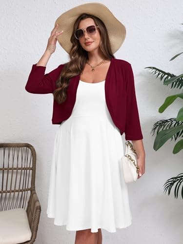 AusLook Plus Size Women Bolero Shrugs 3/4 Sleeve Burgundy 3X Open Front Knit Lightweight Coat Cropped Tops Shawls and Wraps Cardigan Dressy Sweater Clothes - Thumbnail 5