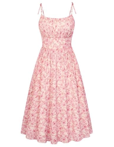 Belle Poque Pink Floral Dress for Women Spaghetti Strap Midi Sundress 2026 Summer Spring A line Casual Cute Dresses L - Image 1