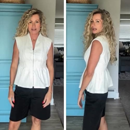 Wefebi Women's Casual V Neck Shirt Front Zip Cap Sleeves Tank Tops Pleated Waist Blouse(Navy-XS) - Thumbnail 5