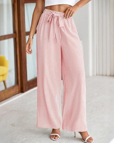 BTFBM Pants for Women 2026 Spring Clothes Striped High Waist Tie Knot Dressy Casual Wide Leg Palazzo Work Trousers Pants(Pink, XX-Large) - Thumbnail 2