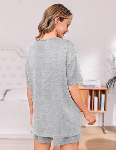 Totatuit Matching Sets for Women Summer 2 Piece Outfits Oversized Tee and Bermuda Shorts Lounge Set Comfy Sleepwear for Travel and Daily Wear Grey X-Large - Thumbnail 5