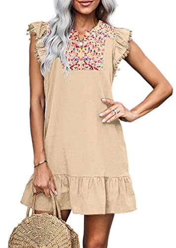 KIRUNDO Women's 2026 Summer Mini Dress Spring Casual V Neck Floral Embroidered Ruffle Sleeveless Shift Flowy Boho Dress (B-Apricot, Medium) - Image 1