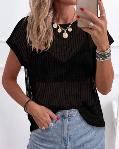 KIRUNDO Crochet Tops for Women 2026 Summer Beach Vacation Clothes Cover Up Mesh Top Lightweight Sweater Cruise Resort Wear(Black, Small) - Thumbnail 2