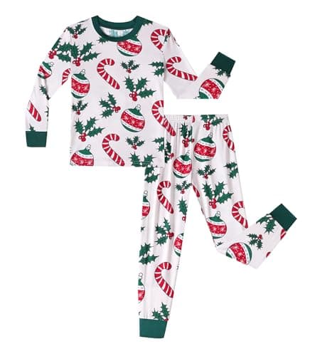 NewSeed Family Christmas Matching Set, Soft Lightweight Bamboo Viscose Holiday Wear Sets for all family members(Kids, Christmas Bell Candy Cane, 9-10Y) - Image 1