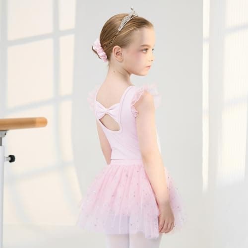 Girls Ballet Leotards 3 Pcs Set Ruffle Sleeve Dance Dress with Removable Tutu & Scrunchy Bow Back Combo Size 9-10 Pink - Thumbnail 3