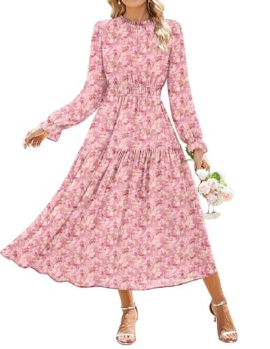GRACE KARIN Women's Fall Wedding Guest Dresses 2026 Floral Long Sleeve Chiffon Maxi Dress Flowy Boho Dress with Pockets Pink and Yellow White Floral S - Image 1